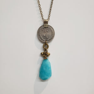 Kuchi Coin Aqua Fire Agate Stone Necklace
