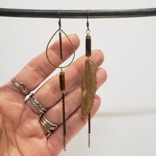 Load image into Gallery viewer, Asymmetric Brass Feather Duster Earrings - Tiger Eye
