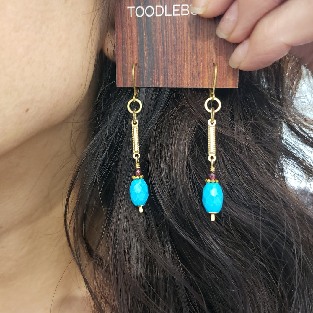Turquoise Garnet Bar Drop Earrings