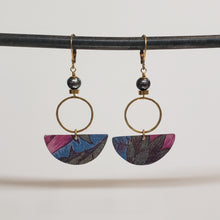 Load image into Gallery viewer, Geometric Tropical Leaf Tin Earrings - Blue Pearl

