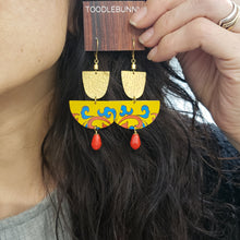 Load image into Gallery viewer, Domed Brass and Tin Drop Earrings - Yellow Red
