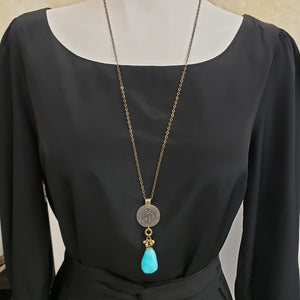 Kuchi Coin Aqua Fire Agate Stone Necklace