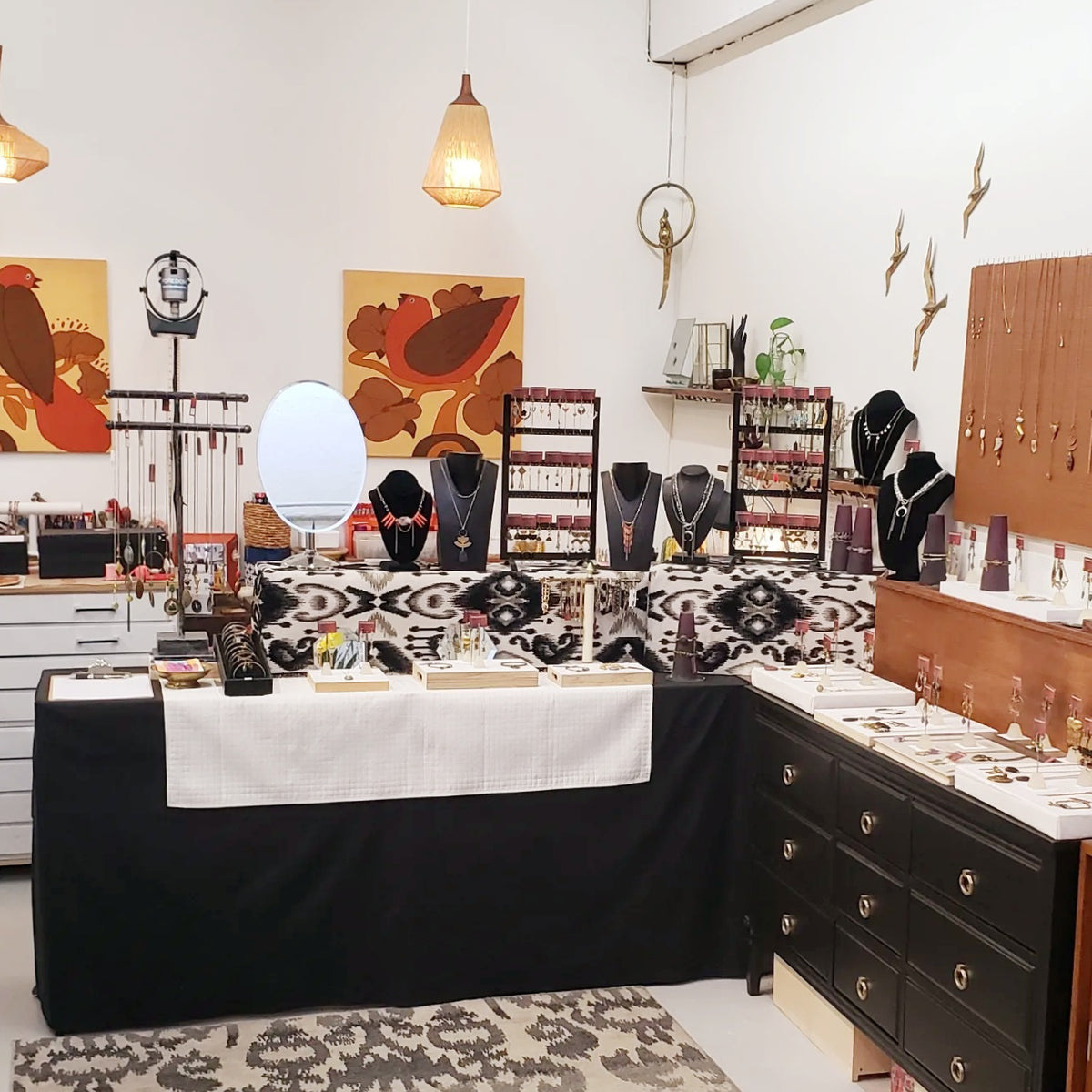 mcm jewelry display of handmade jewelry by TOODLEBUNNY in her east vancouver studio