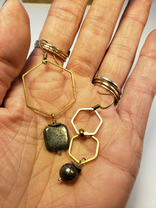 Asymmetric Hexagon Pyrite Drop Earrings