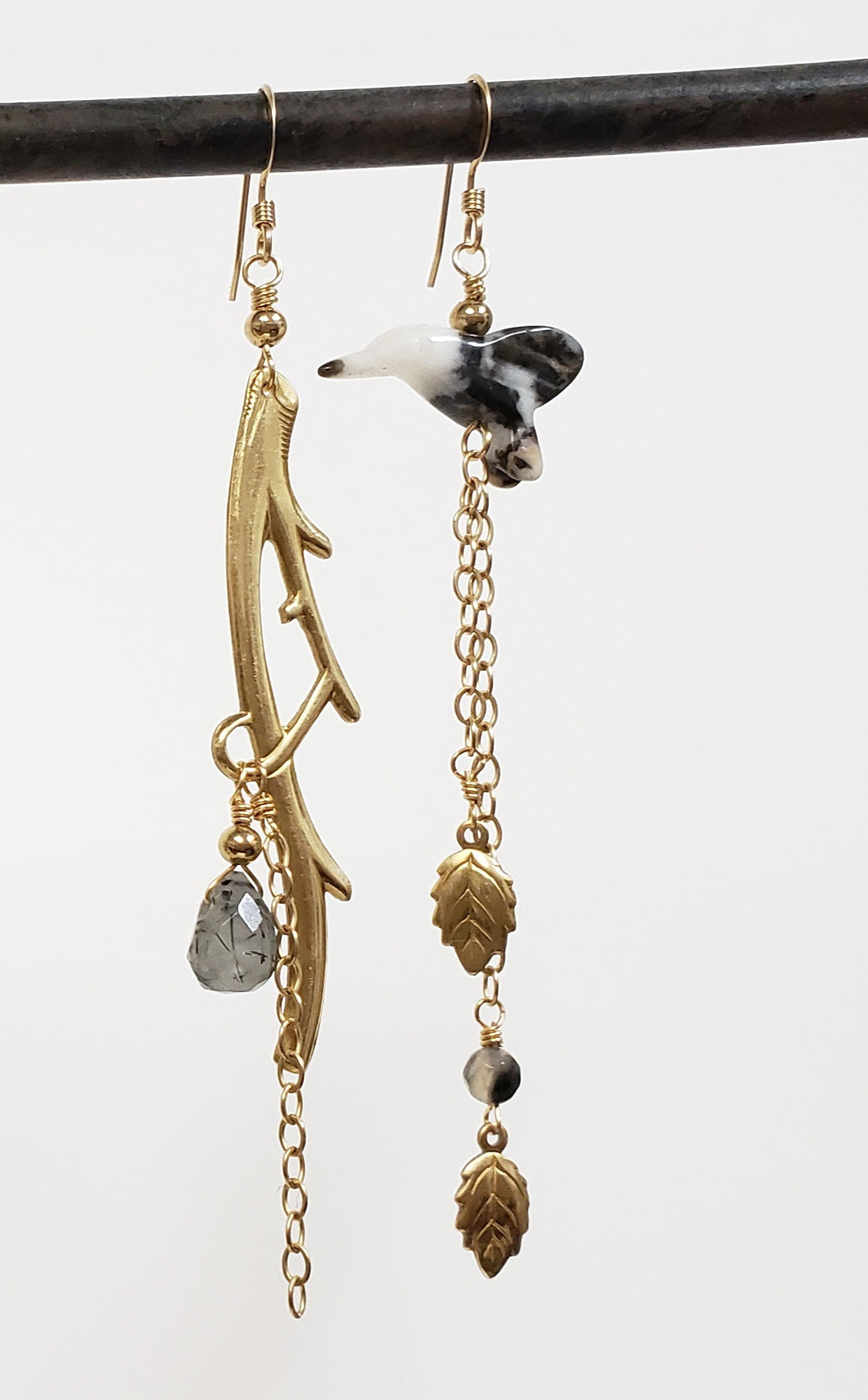 Asymmetric Twig Y Stone Bird Earrings - more colors available