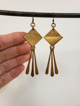 Load image into Gallery viewer, Geometric brass paddle fringe earrings
