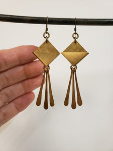 Geometric brass paddle fringe earrings