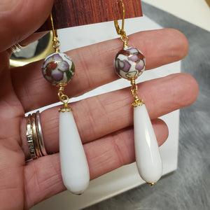 Cloisonne white Agate drop earrings