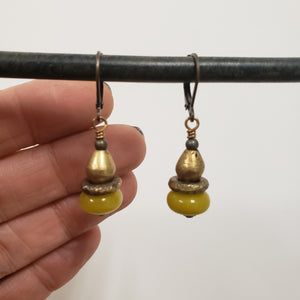 African Brass Drop Earrings - Olive Jade