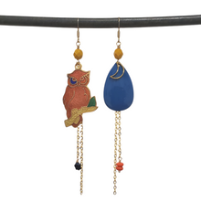 Load image into Gallery viewer, Asymmetric Cloisonne Night Owl Earrings
