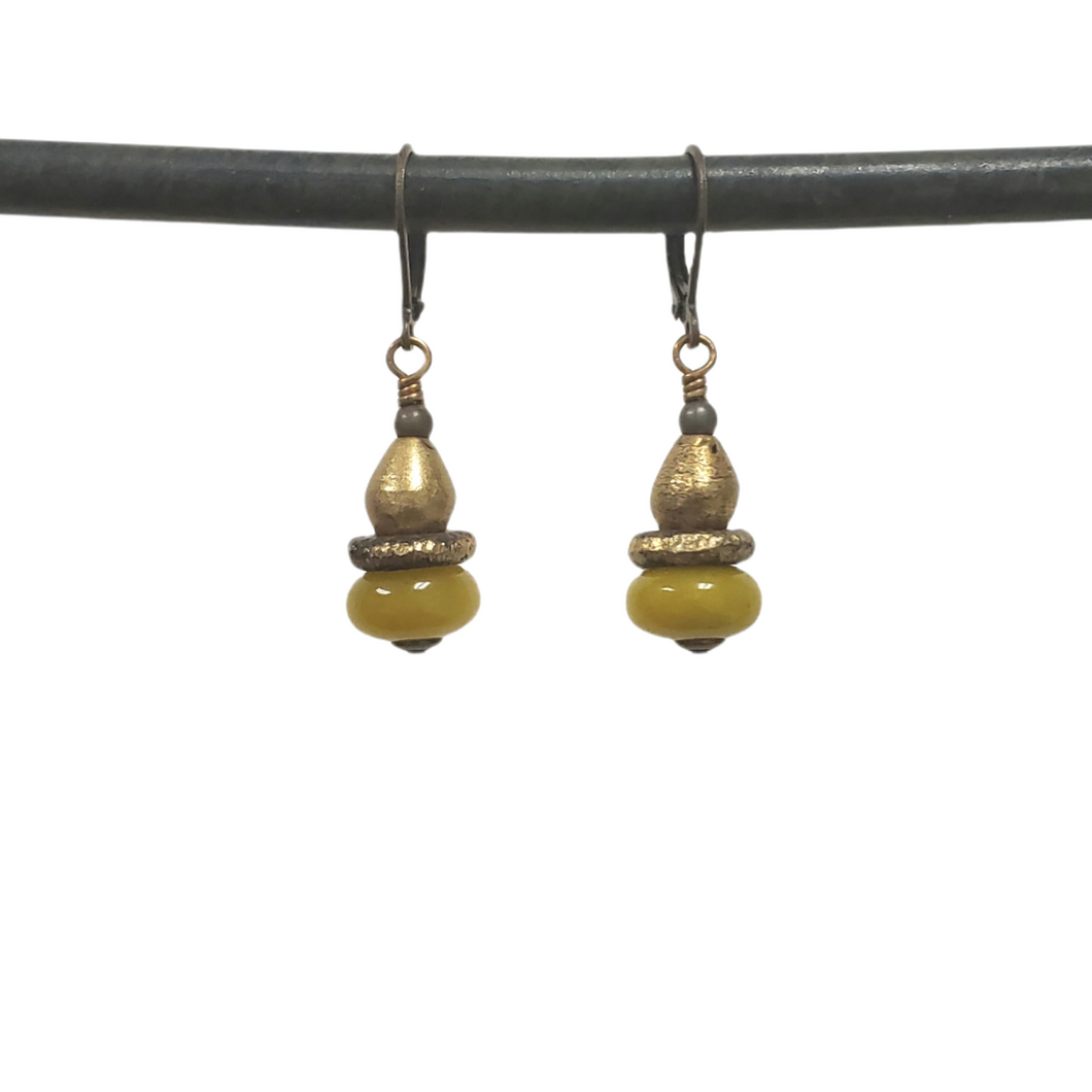 African Brass Drop Earrings - Olive Jade