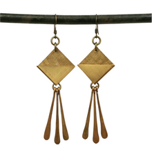 Load image into Gallery viewer, Geometric brass paddle fringe earrings
