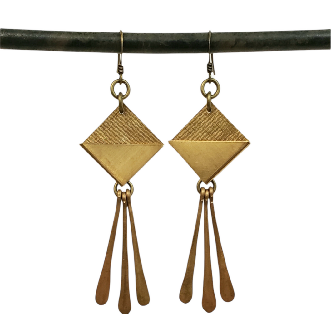 Geometric brass paddle fringe earrings