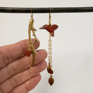 Asymmetric Twig Y Stone Bird Earrings - Mahogany Jasper