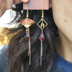 Asymmetric Vintage Enamel Fan Earrings - Ruby Swarovski