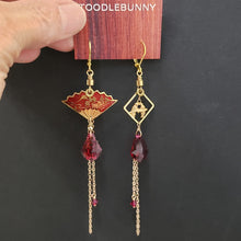 Load image into Gallery viewer, Asymmetric Vintage Enamel Fan Earrings - Ruby Swarovski
