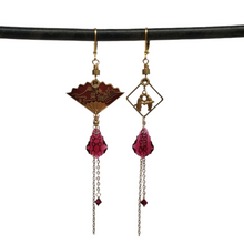 Load image into Gallery viewer, Asymmetric Vintage Enamel Fan Earrings - Ruby Swarovski
