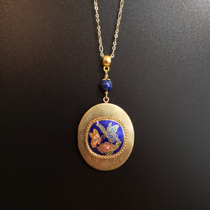 Large Vintage Locket - Cloisonne Butterfly