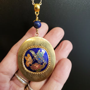 Large Vintage Locket - Cloisonne Butterfly