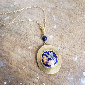 Large Vintage Locket - Cloisonne Butterfly