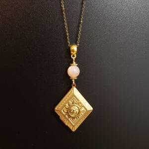 Vintage Diamond Locket Necklace - Peach Moonstone