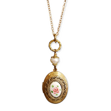 Load image into Gallery viewer, Small Vintage Oval Locket Necklace - White Pearl
