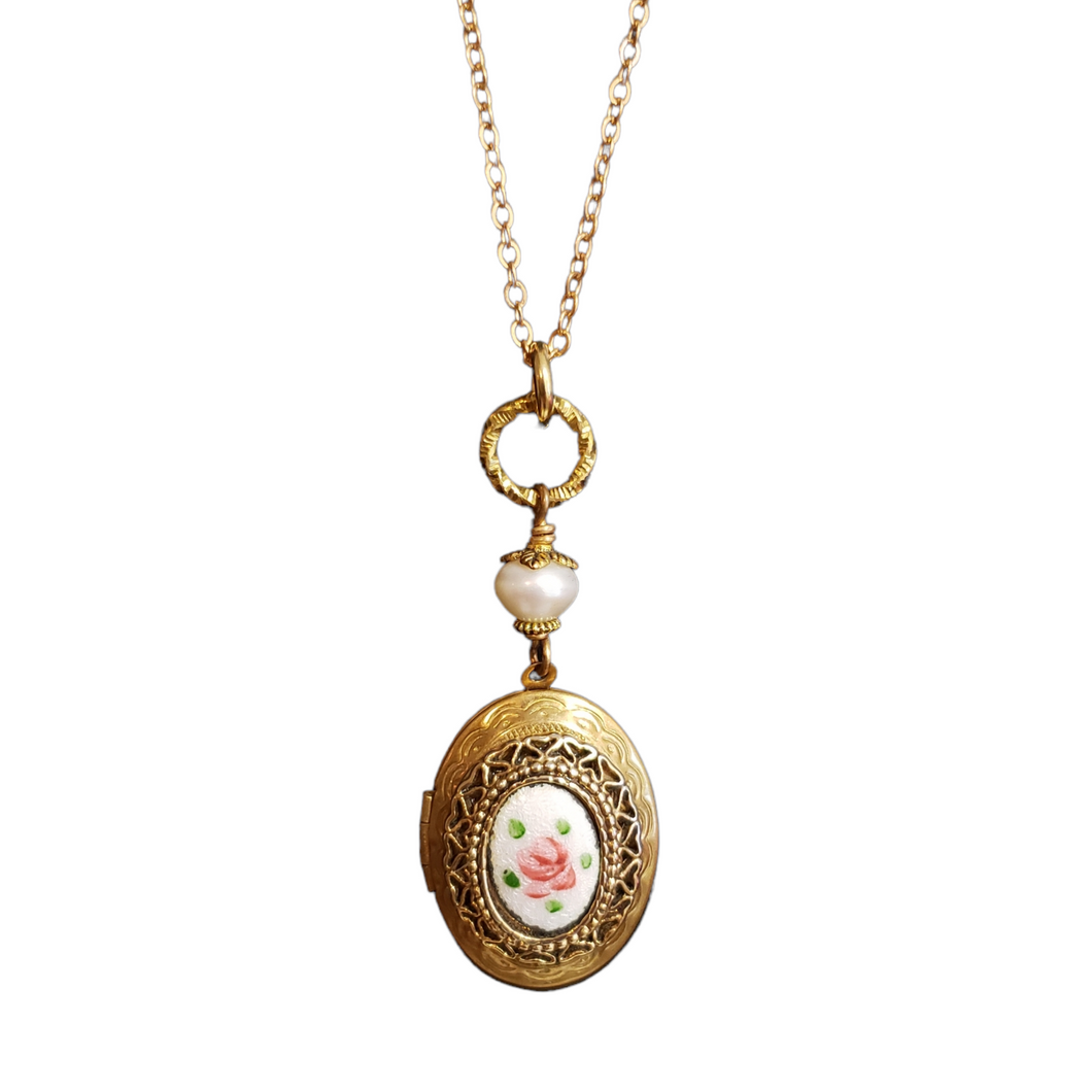 Small Vintage Oval Locket Necklace - White Pearl