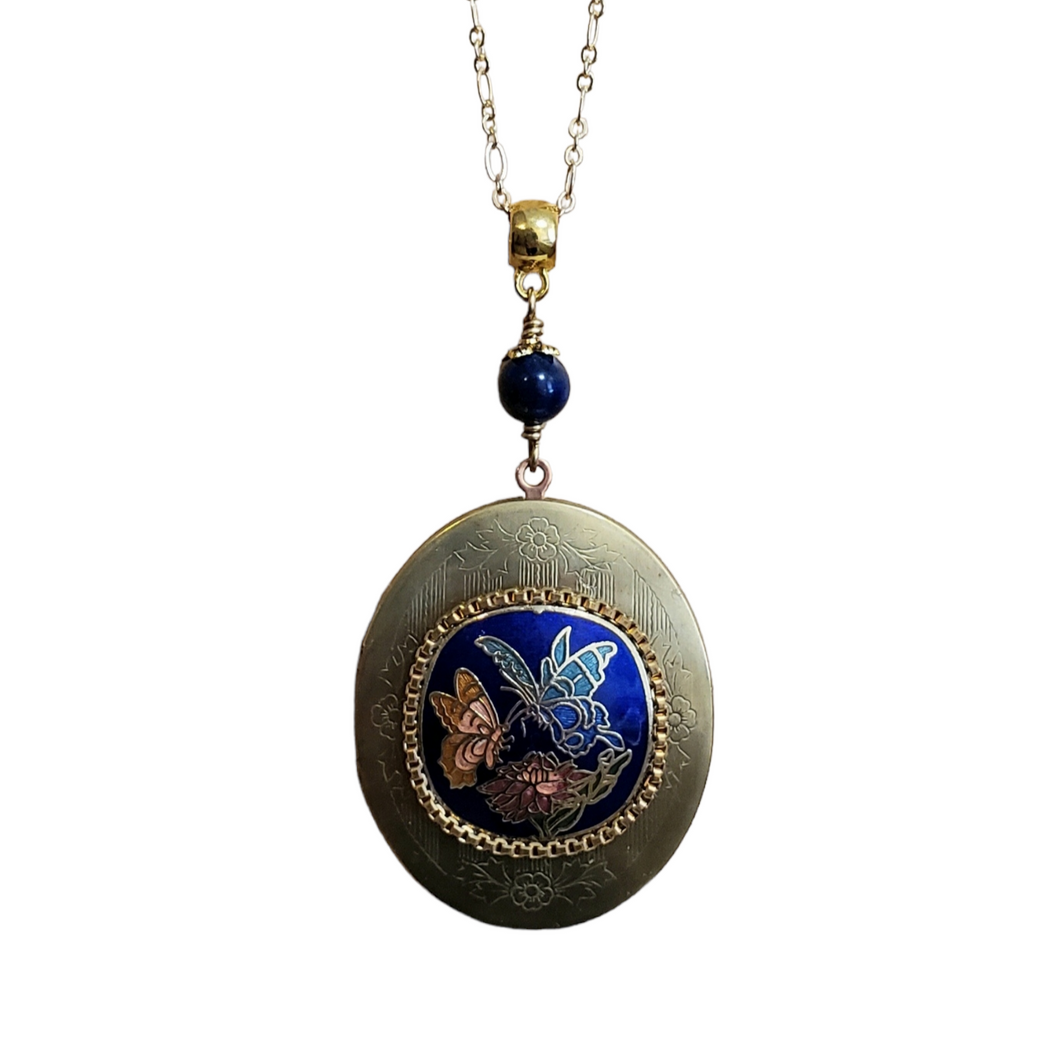 Large Vintage Locket - Cloisonne Butterfly