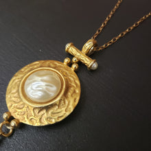 Load image into Gallery viewer, Goldtone Shield Medallion Tassel Necklace - Faux Pearl
