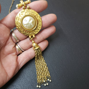 Goldtone Shield Medallion Tassel Necklace - Faux Pearl