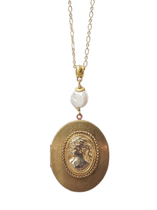Large Vintage Locket Necklace - Cameo Pearl
