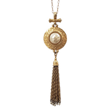 Load image into Gallery viewer, Goldtone Shield Medallion Tassel Necklace - Faux Pearl
