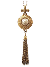 Load image into Gallery viewer, Goldtone Shield Medallion Tassel Necklace - Faux Pearl
