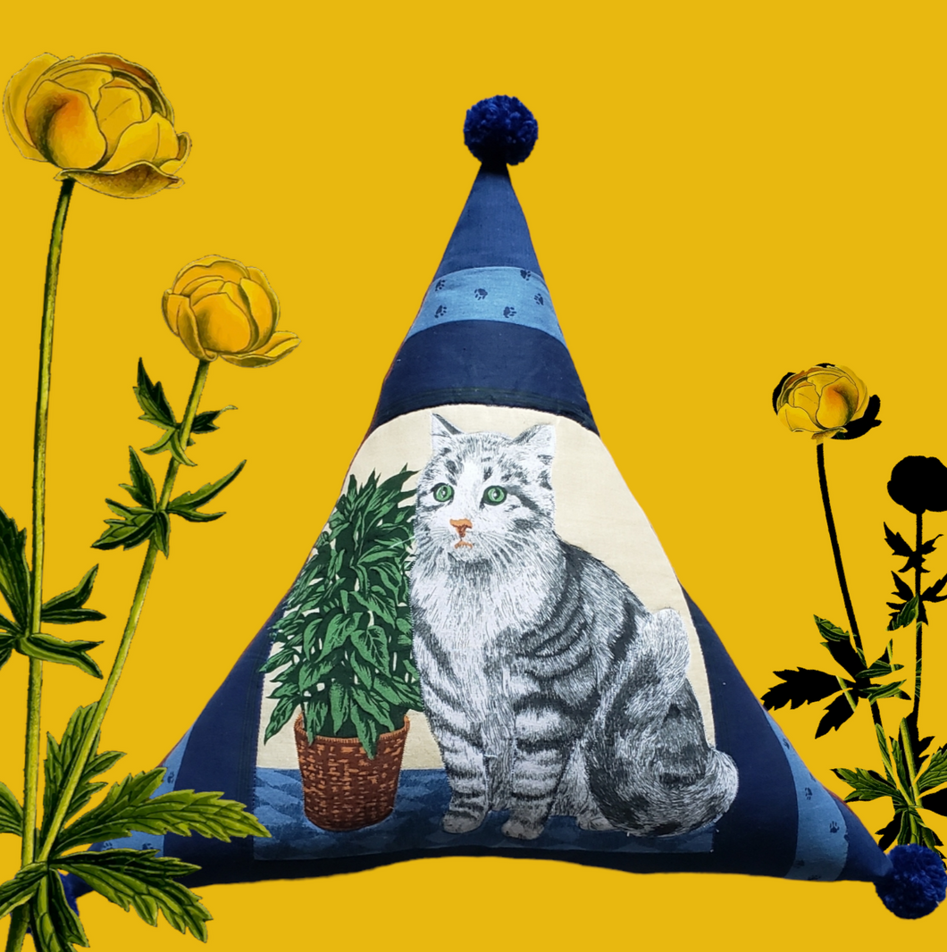 A Cat and His Plant PomPom Triangle Pillow