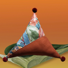 Load image into Gallery viewer, Abstract Rust Floral PomPom Triangle Pillow
