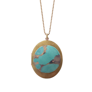 Large Vintage Locket Necklace - Ceramic Cabochon