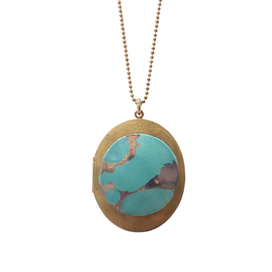 Large Vintage Locket Necklace - Ceramic Cabochon